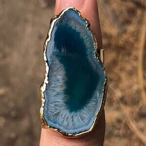 Natural Blue Agate Slice Statement Gold Ring